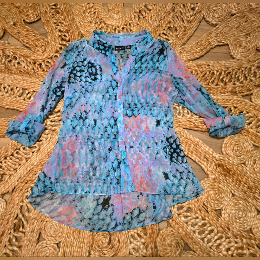 ALLEN B by Allen Schwartz Abstract Sheer High Low Button Front Blouse